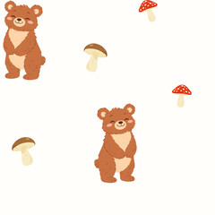 Fototapeta premium Seamless pattern with cute forest bear and mushrooms. Simple cute print for baby textile, kids decor, children fashion and nursery wallpaper. Cartoon vector ilustration of forest animal character
