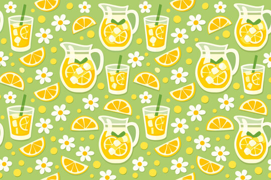Colorful pattern with lemonade pitchers and glasses on a light green background featuring lemons and flowers during a summer day