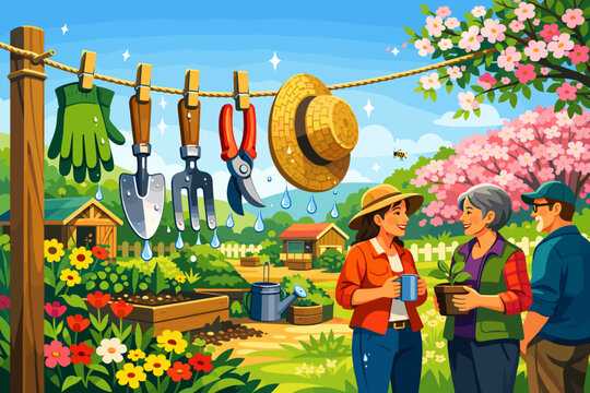 Gardeners talk while surrounded by tools and flowers in a sunny garden setting during springtime