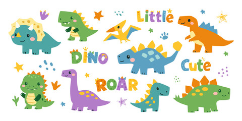 Cute dinosaurs vector set. Hand drawn doodle triceratops, stegosaurus, tyrannosaurus, diplodocus, pterosaur. Dinosaur comic character design for kids, print, clothes, poster, education, edutainment. © Kseniya