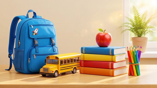 Blue school backpack with rocket patch beside yellow toy bus. Stack of colorful books, red apple, colored pencils and potted plant on wooden desk near sunny