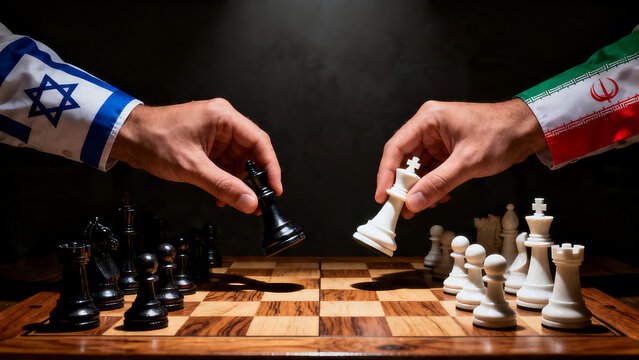 Geopolitical chess game between Israel and Iran, hands moving chess pieces on wooden board, international conflict and diplomatic tension concept isolated on White Background