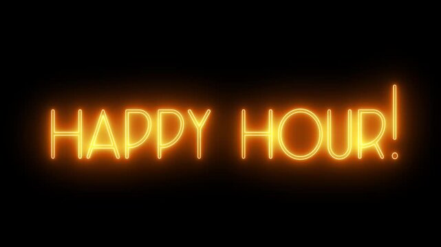 Bright neon &ldquo;Happy Hour&rdquo; sign with luminous glow and haze effect, vibrant bar, nightlife, and promotion concept. Happy Hour neon sign. Happy Hour text font with light. 