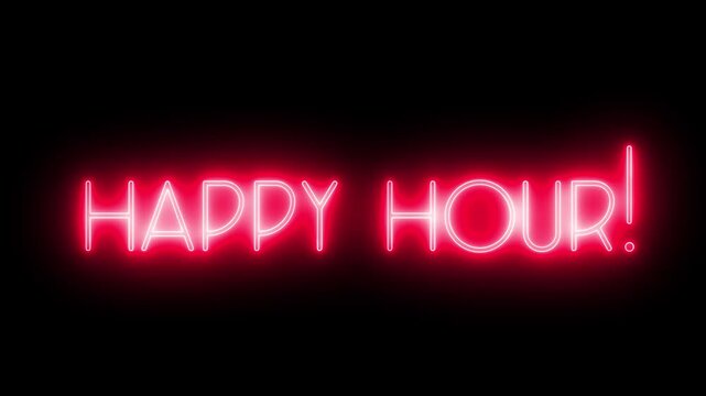 Bright neon &ldquo;Happy Hour&rdquo; sign with luminous glow and haze effect, vibrant bar, nightlife, and promotion concept. Happy Hour neon sign. Happy Hour text font with light.