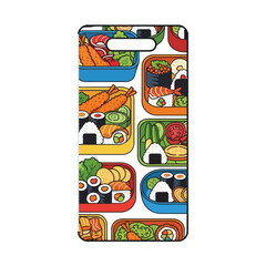 Obraz premium Japanese Bento Box Assortment Pattern - Sushi, Shrimp Tempura, Onigiri
