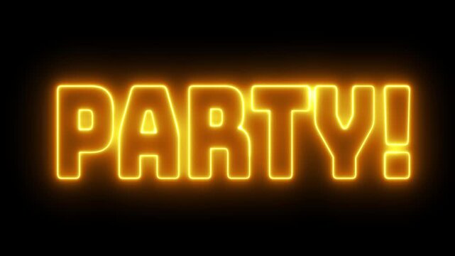 4K looping &ldquo;Party&rdquo; neon sign animation with luminous glow, ideal for promos, titles, and digital screens.