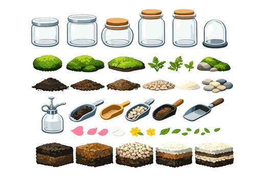 Collection of jars, soil types, and gardening tools for plant care and decoration