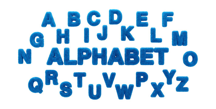 Bright blue 3D alphabet letters with fluffy tufted carpet texture floating on white background