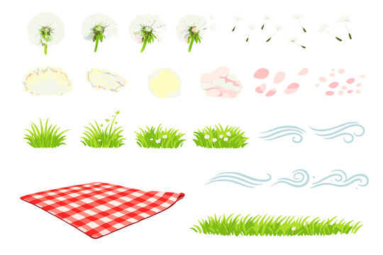 Dandelions and blanket for a picnic in a grassy area with sunshine and gentle winds in a spring setting