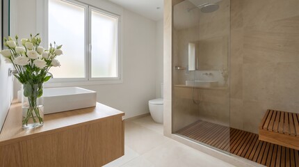 Fototapeta premium Modern bathroom interior with a glass shower and floral arrangement