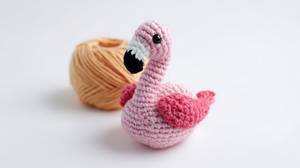 Obraz premium Charming Pink Flamingo Amigurumi with Yarn Ball on White Background, Handmade Crochet Toy for Craft and Hobby Concepts, Gentle and Playful