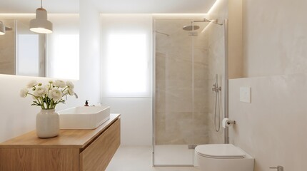 Fototapeta premium Modern minimalist bathroom interior with warm neutral tones