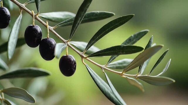 Closeup of ripe black olives hanging from an olive tree branch.