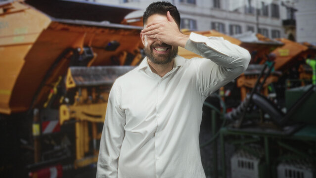 Handsome hispanic man in white shirt covers eyes with hand while standing in front of orange snowplow on city street; playful shyness.