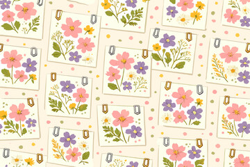 Obraz premium Colorful floral patterns with sketches of flowers and leaves on a light background during spring season