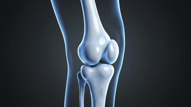 Detailed CGI visualization of a healthy human knee joint on a dark grey background illustrating anatomical structure and skeletal integrity for medical education and research presentations