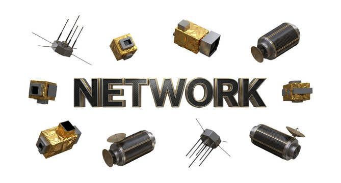High tech 3D satellite modules and network text for global communication and space technology