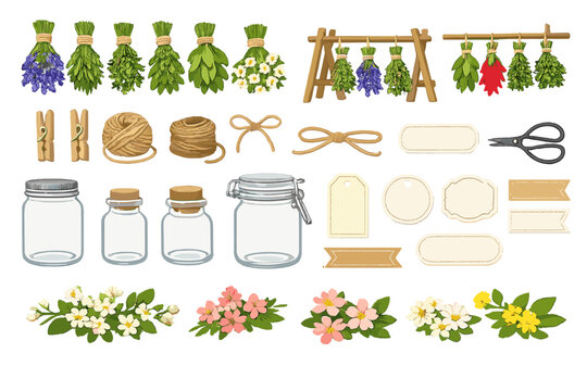 Bunches of herbs, ropes, jars, tags, and flowers are displayed for crafting in a bright and colorful design layout