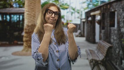 Fototapeta premium Woman senior with raised fists and visible forearms standing by benches and palm tree in stone building courtyard; quiet determination.