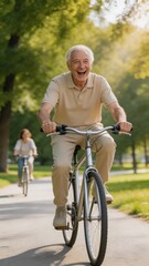 Obraz premium A senior man enjoys a leisurely bike ride in a park on a sunny day, surrounded by lush green trees and grass, exuding happiness and a sense of freedom.