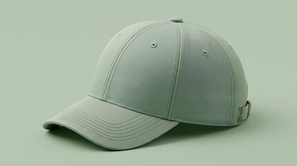 Fototapeta premium Minimalist sage green baseball cap on matching solid background modern fashion accessory for mockup and branding