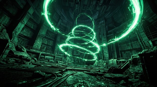 Cinematic perspective of abstract green glowing rings on dark background from a low angle with dramatic lighting and shadows..