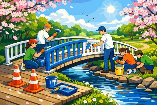 Group of people painting a bridge and cleaning a stream in a sunny park during spring with blossoming trees