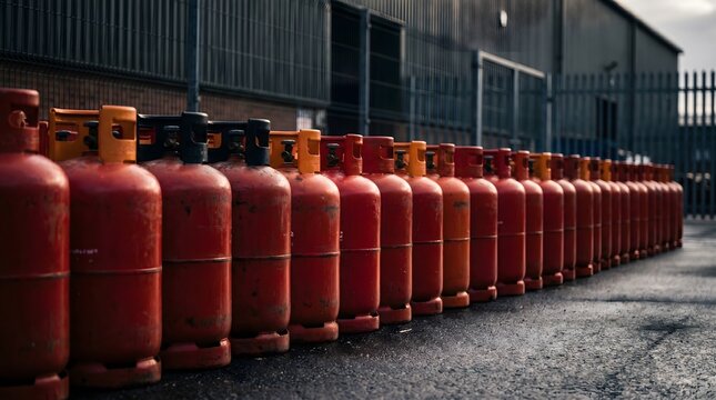 Rows of red gas cylinders outdoors