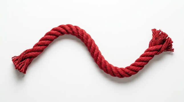 Thick red rope curved in a perfect wave shape resting on a clean white background with realistic shadows and textures. The rope