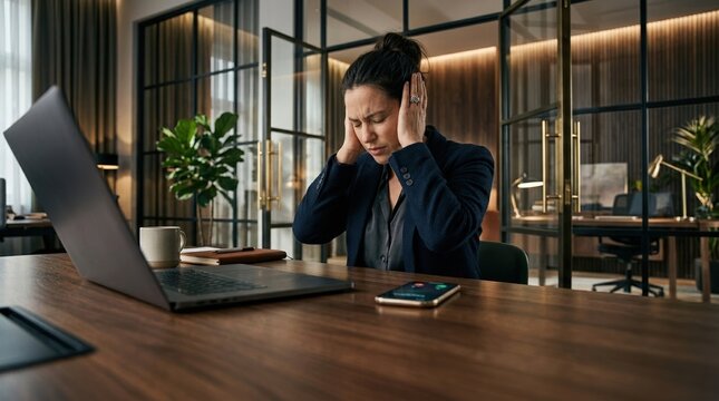 Woman covering ears in office due to loud noise or stress from phone call