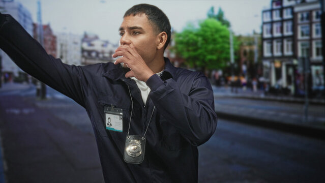 Young hispanic investigator man wearing visible badge and id, hand to mouth calling and raising arm to hail pedestrians on street; alert duty vigilance.