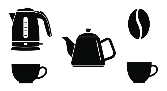 A collection of tea and coffee making items displayed in a stark black silhouette high quality professional detailed modern elegant stylish