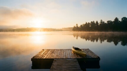 Obraz premium Serene lakeside sunset a wooden dock and calm water reflection