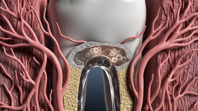 Detailed CGI visualization of cementum layer thin coating covering a tooth root within gum tissue and blood vessels a crucial element in dental education and medical research on a dark background