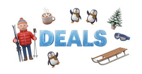 Fototapeta premium Winter holiday deals 3D set with skier character penguins and cold season lifestyle icons on white