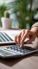 Enlarge image of woman's hand using calculator for home financial calculations, accounting with laptop on table