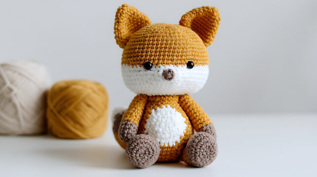 Charming handmade crochet animal toy with yarn and light background, perfect for children's gifts, crafts, and cozy themed designs