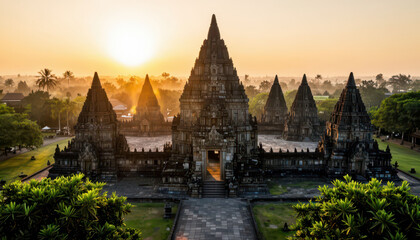 Fototapeta premium an ancient temple structure with distinct pyramidal shapes at sunrise. Surrounding the temple, lush greenery and palm trees provide a picturesque landscape.