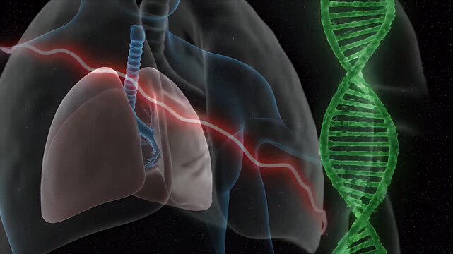 Detailed CGI visualization of human respiratory system anatomy showing lungs trachea bronchi and diaphragm with accompanying DNA helix graphic on a dark abstract background representing genetic