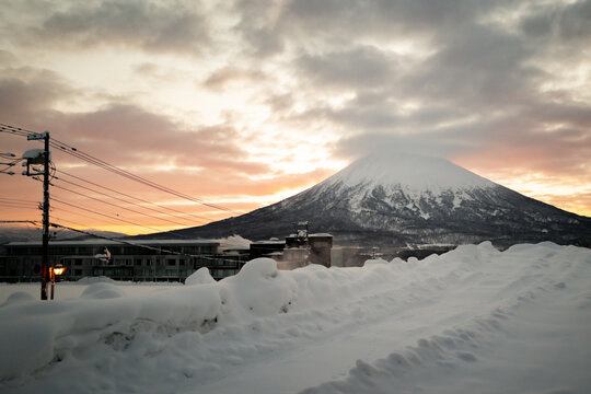 Views of Mount Yotei at sunrise and sunset in Niseko, Hokkaido, Japan.