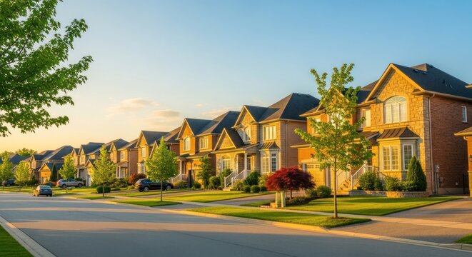 Beautiful Suburban Street Lined with Elegant Homes at Sunset.