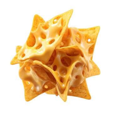 Golden star-shaped cheese puff snack with holes isolated on transparent background