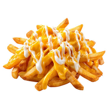 Golden crispy french fries with melted cheese drizzle isolated on transparent background