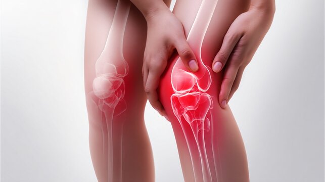 Knee pain and inflammation, human leg with highlighted skeleton