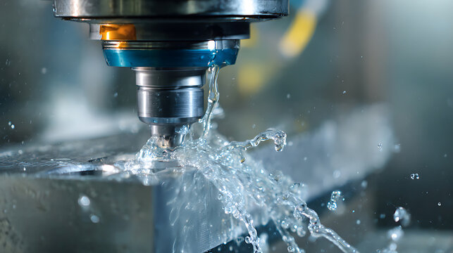 Precision metalworking with cooling fluid splashing, showing advanced industrial machinery in action for manufacturing projects