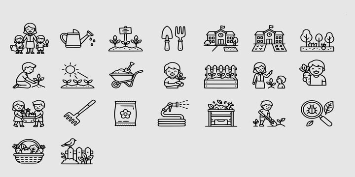icon set collection of school garden education icons illustrating children learning biology, planting vegetables at school, and teachers guiding nature studies.