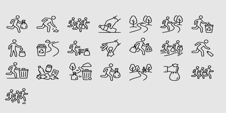 icon set collection of plogging and community cleanup icons showing people running, jogging, and picking up litter in parks and trails.