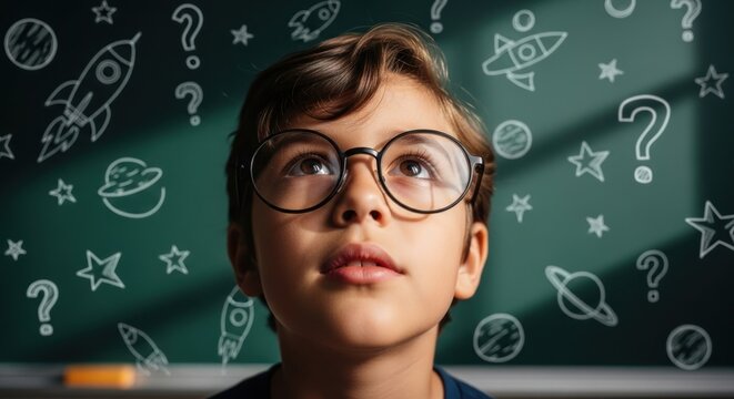 Curious Young Boy Wearing Glasses Gazing Upwards with Space and Science Drawings on Chalkboard.