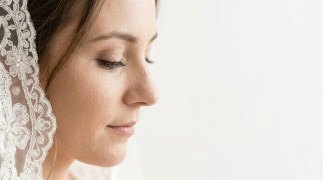 Extreme close-up of a bride's eyes and the intricate lace of her white veil in a soft side view profile. High-key studio lighting
