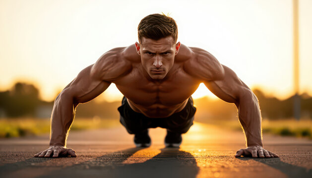 A muscular man performs push-ups on a road during sunset. The man&rsquo;s focus and determination are evident as he engages in his workout routine.